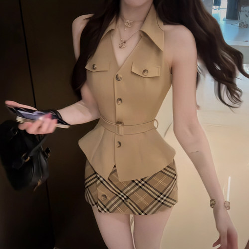 现货马甲V领背心+格纹包臀半身裙
