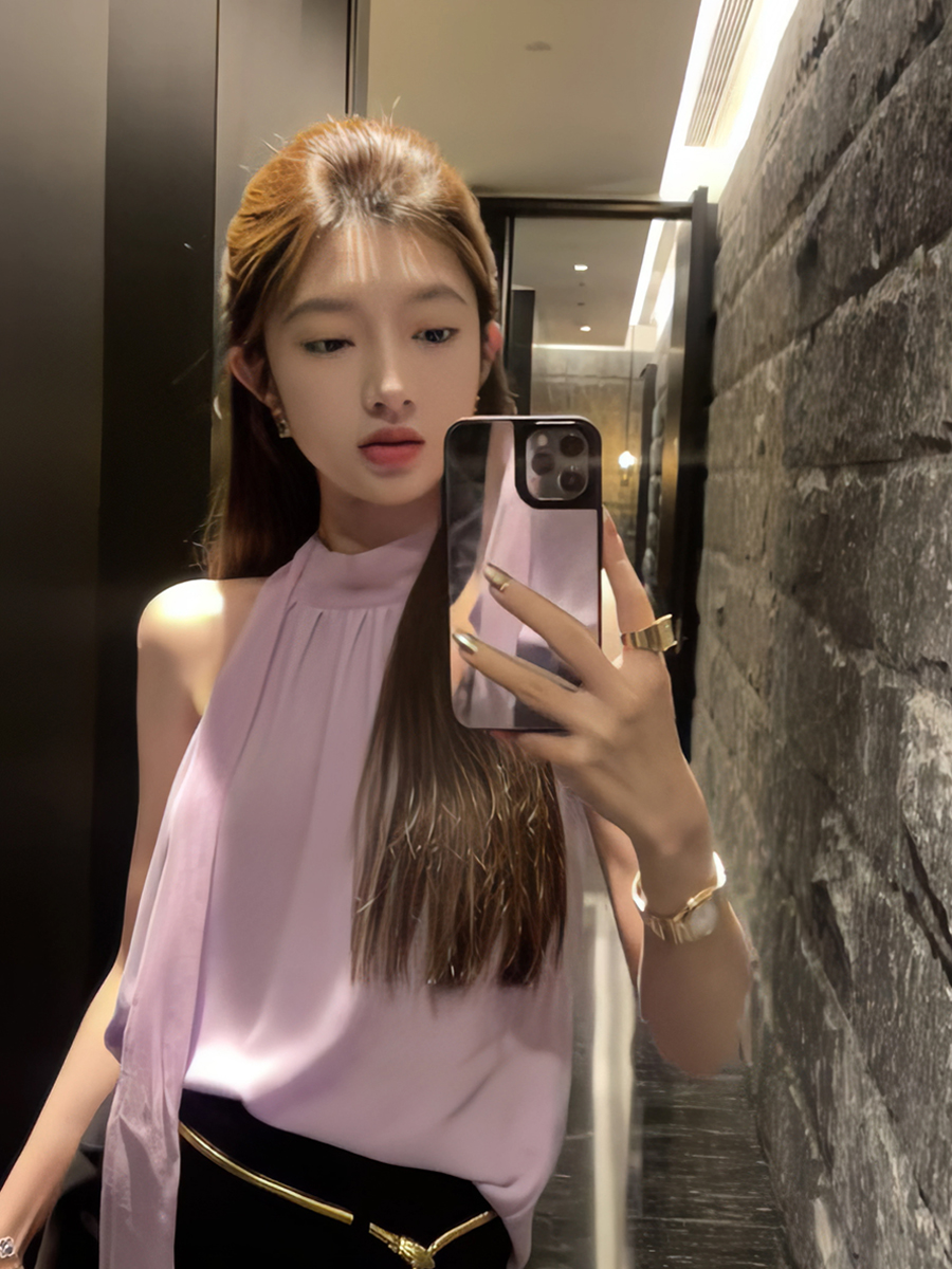 2024夏季新款设计感挂脖上衣雪纺高级感名媛温柔飘带无袖露肩衬衫