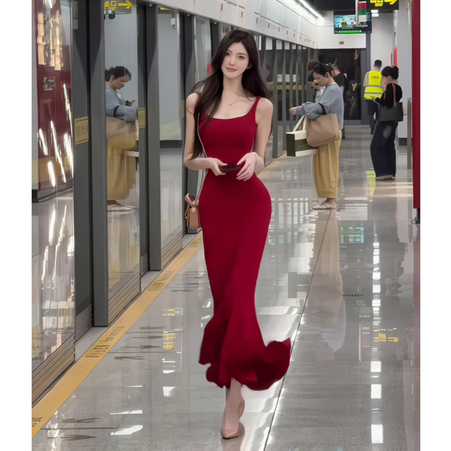 新品！步步生莲~酒红色吊带鱼尾连衣裙显白礼服长裙气质约会长裙