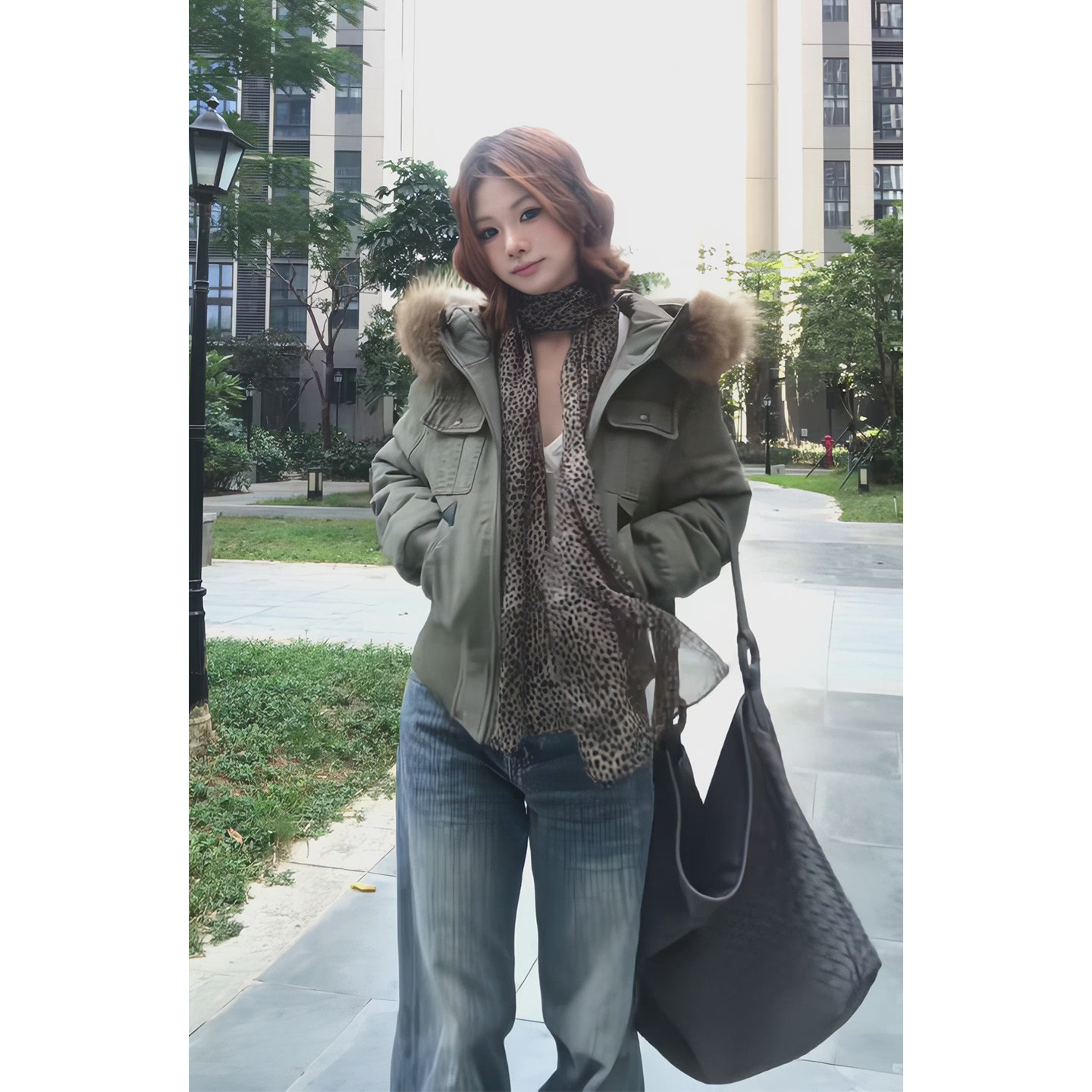 已出货！军绿色大毛领短款派克服女工装风棉服外套复古做旧冬季