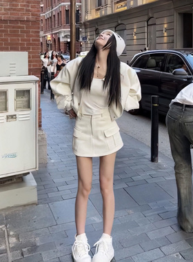 已到货！秋季小个子美式复古斜纹棒球服外套半身裙休闲通勤套装女