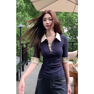 新品！柳智敏同款私服！假两件polo短袖日常上衣条纹中袖拼色T恤