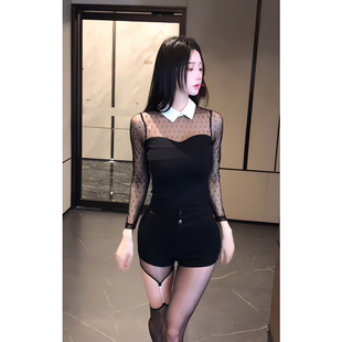 已出货一套！夜店氛围感长袖纯欲风波点网纱拼接连体衣+黑色短裤
