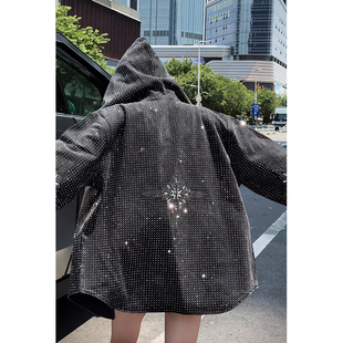 超酷炫重工满天星钻长袖牛仔衬衫外套上衣女连帽秋冬新品女士休闲