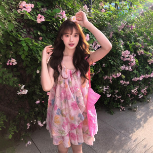 现货”盛夏繁花“夏天挂脖露背大裙摆提花晕染碎花度假吊带连衣裙