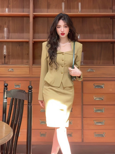 到货！春秋新款复古港风气质方领收腰单排扣上衣包臀半身裙套装女