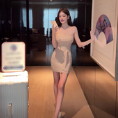 修身 现货 三色性感麻花一字抹胸针织套头连衣裙无袖 系带包臀短裙