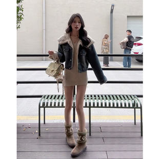 韩系chic羊羔毛翻领牛仔外套女短款加厚保暖洋气夹克简约皮毛一体
