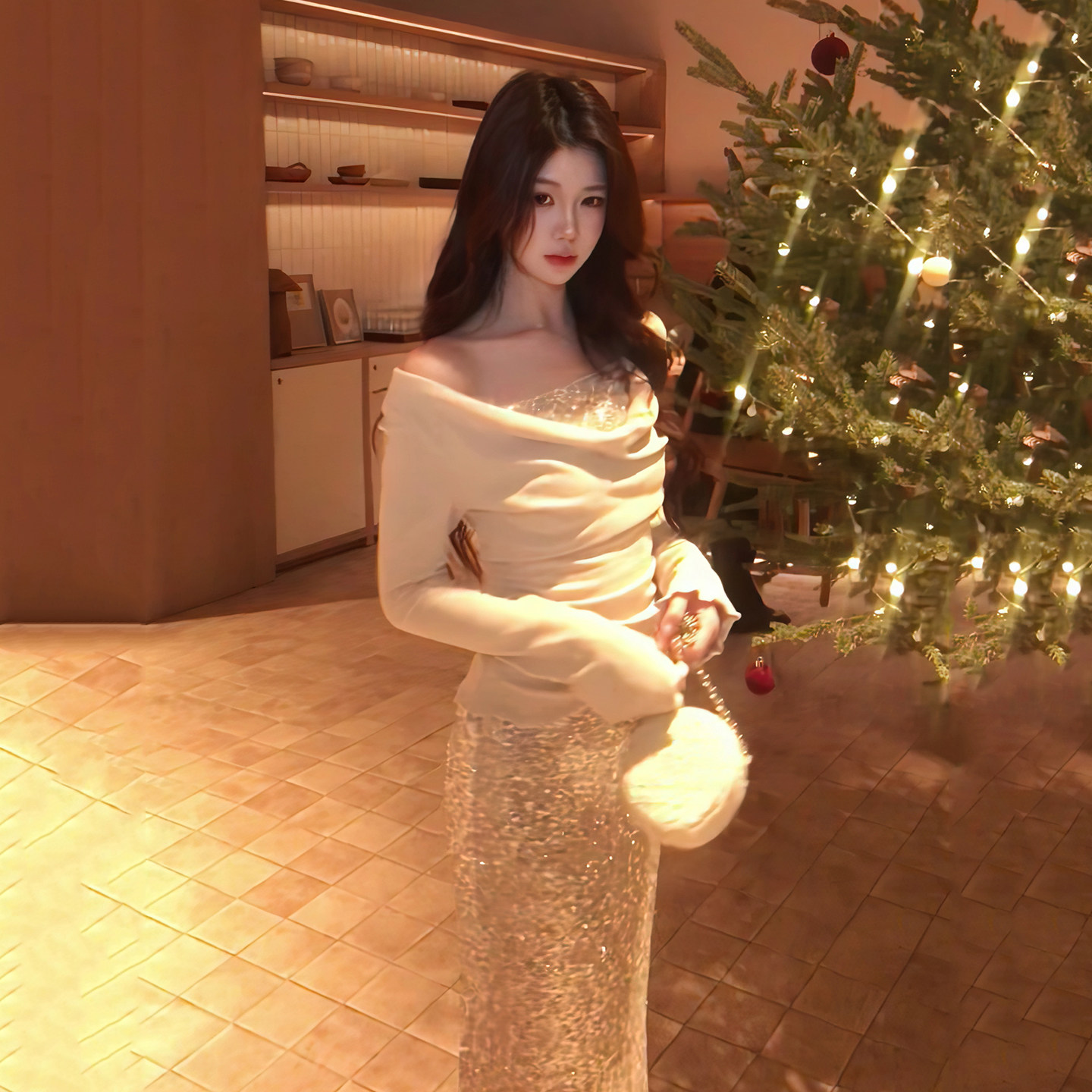 现货！【月纱熠影】计感珠片拼接抽褶针织荡领上衣包臀鱼尾半身裙,女装/女士精品,时尚套装,淘宝优惠券,粉丝福利购,淘宝优惠卷