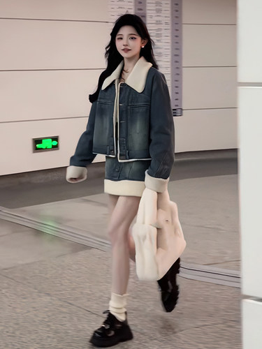 现货！冬季牛仔毛绒绒外套半身裙