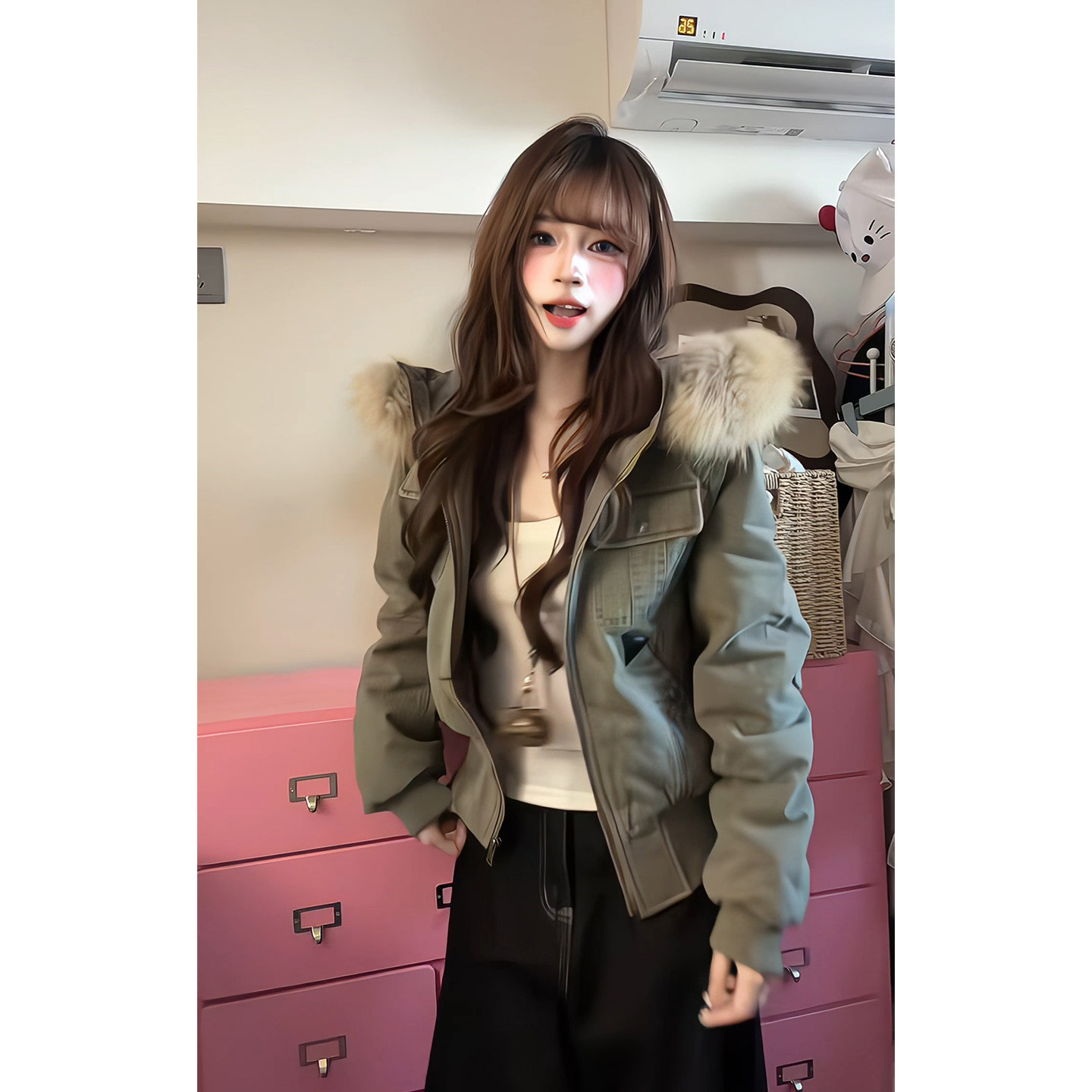 已出货！军绿色大毛领短款派克服女工装风棉服外套复古做旧冬季