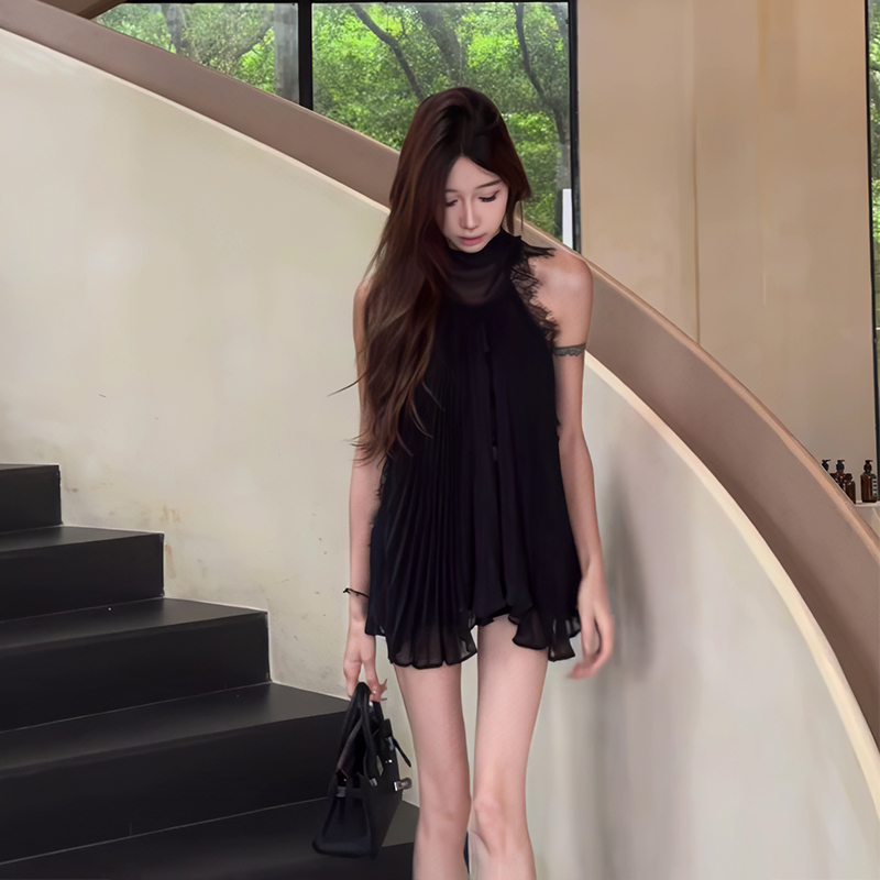 无袖纯欲超仙蕾丝拼接飘带上衣女