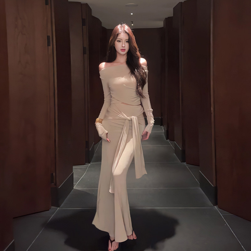 优雅早秋时尚两件套长袖修身一字肩T恤+绑带半身裙长裙超模穿搭！,女装/女士精品,时尚套装,淘宝优惠券,粉丝福利购,淘宝优惠卷
