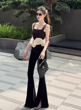 【霸气女强人】桔梗修身云朵吊带背心百搭显瘦黑色微喇裤开叉长裤