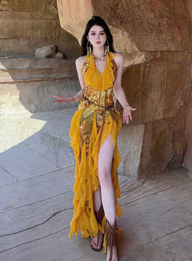 今年流行夏季海边度假风小众连衣裙挂脖荷叶边印花修身开衩长裙女