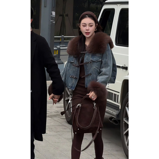 冬季上新！复古仿狐狸毛领牛仔外套短款小众毛茸茸袖套牛仔短外套