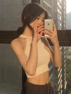 甜辣露肩无袖挂脖修身针织衫夏季短款小吊带高腰露肚脐背心外穿女