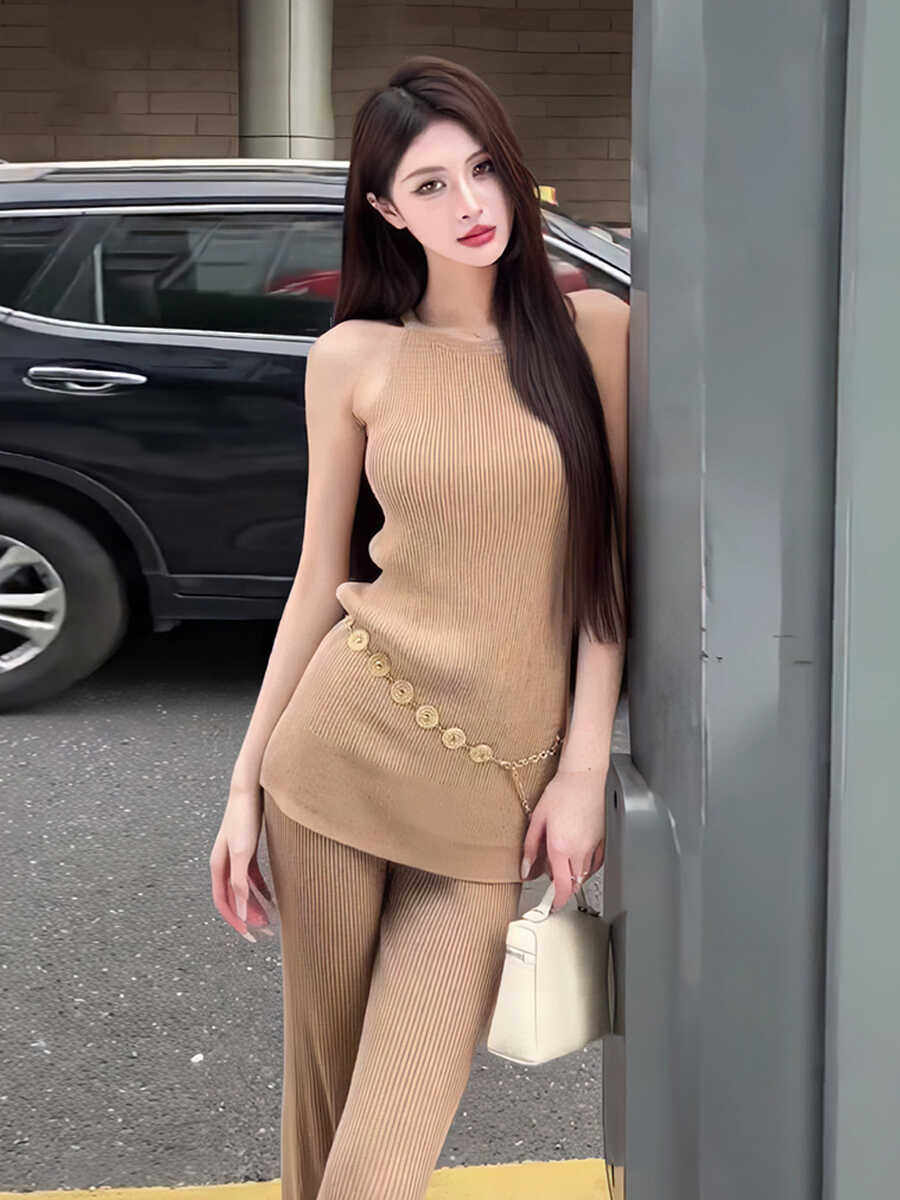 chic甜辣穿搭 夏季气质无袖圆领挂脖修身针织上衣+喇叭长裤套装女