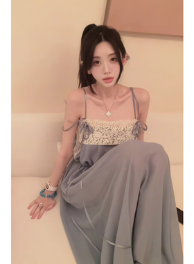 已出货【ys1 26早春】夏季蕾丝拼接设计长裙收腰抽绳吊带长连衣裙