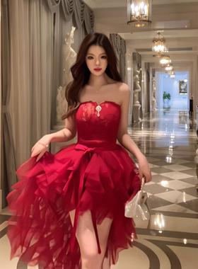 春夏晚礼服【挚爱幻想】长款拖尾红色主题抹胸连衣裙不规则蓬蓬裙