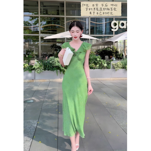 现货！南法蔷薇~法式绿色碎花荷叶边连衣裙女夏季V领收腰女士长裙