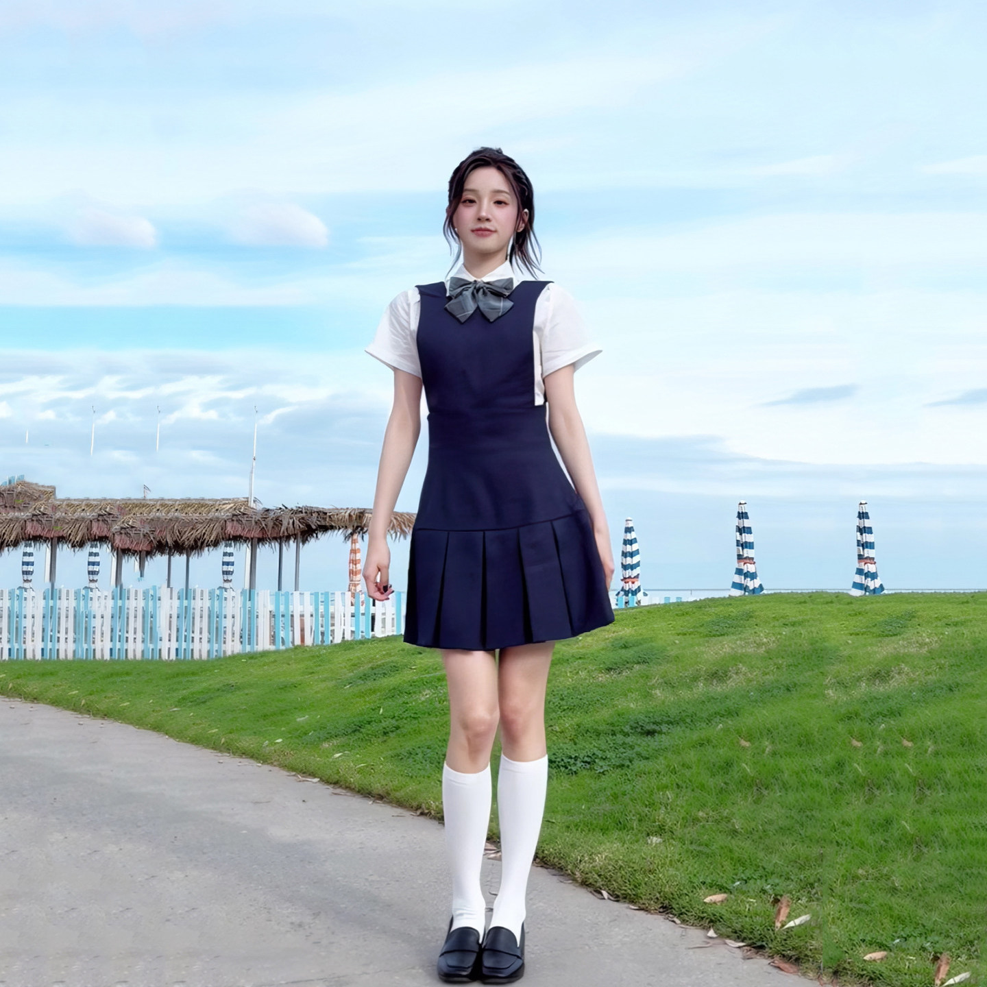 宋雨琦同款!”晴空学院“藏青背带连衣裙日系JK制服白色衬衫套装