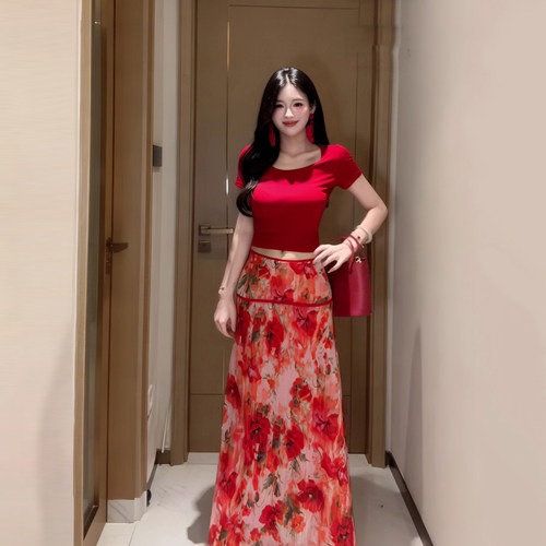 现货红色T恤上衣+油画大花半身裙