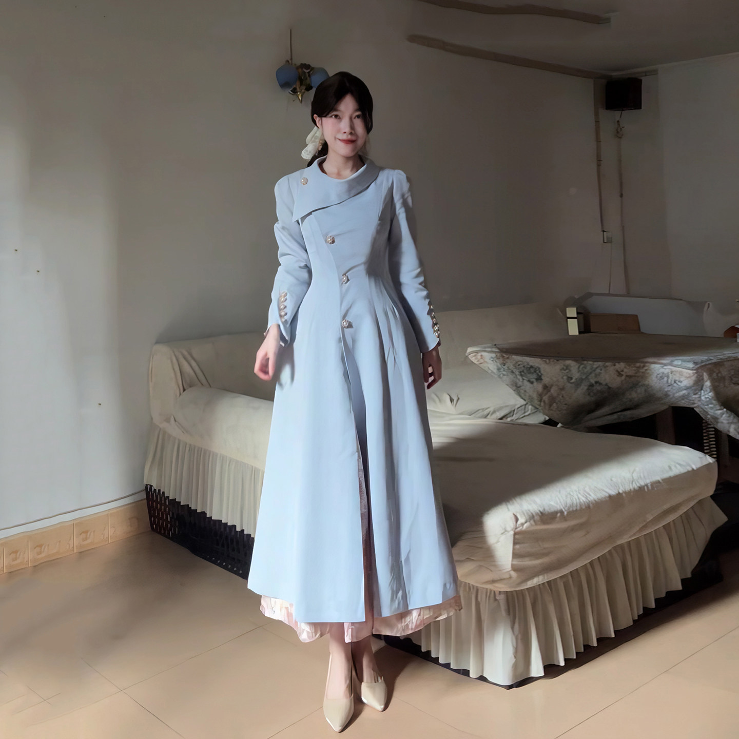 现货！韩版温柔风中长款风衣女秋季收腰修身蓝色连衣裙气质外套,女装/女士精品,风衣,淘宝优惠券,粉丝福利购,淘宝优惠卷