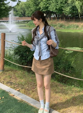 中袖蓝色衬衫针织披肩半身裙短裙