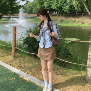 海盐日记~温柔通勤套装韩系收腰中袖蓝色衬衫针织披肩半身裙短裙