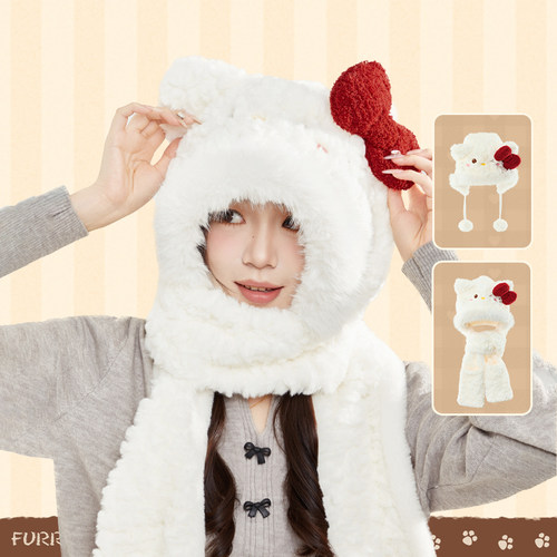 TheGreenParty猫咪护耳帽送女冬天围巾蝴蝶结毛绒帽子保暖雷锋帽