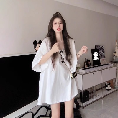 美式白色短袖纯棉V领T恤女2025夏新款宽松大码中长款韩版半袖上衣