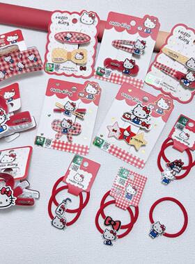 正版授权Hello Kitty红色格纹可爱卡通发夹皮筋抓夹