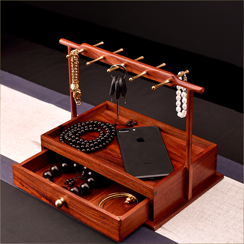 进门口玄关放钥匙红木收纳摆件神器鞋柜桌面置物收纳盒托盘实木质