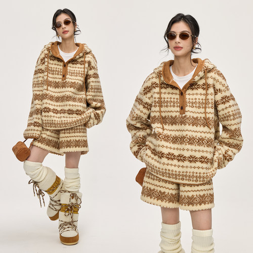 轻复古费尔岛羊羔绒帽衫套装