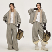 ZzZHANG｜时髦新贵_轻复古蝙蝠袖 羊毛混纺花纱毛领外套加绒套装