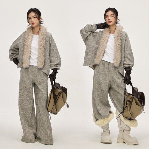 蝙蝠袖羊毛混纺花纱加绒套装