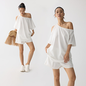 斜肩设计时尚 露肩 毛边短袖 T恤休闲短裤 ZzZHANG 套装 随性简约