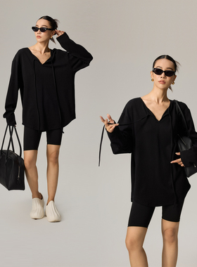 ZzZHANG｜佰搭刚需_V字领长袖T恤女宽松显瘦设计感休闲上衣