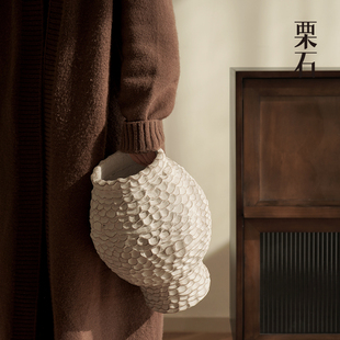 栗石中古侘寂风手捏花瓣纹花瓶摆件样板间新中式 素白色干花插花器