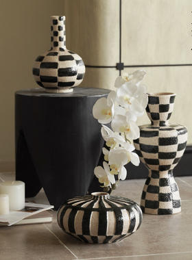 栗石中古风手绘陶瓷砂面格子纹花瓶摆件侘寂风样板房客厅玄关软装