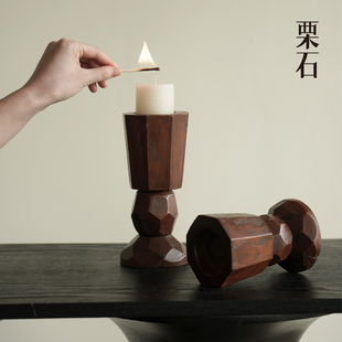 栗石复古侘寂风几何实木烛台摆件民宿餐厅桌面烛光晚餐蜡烛台装 饰