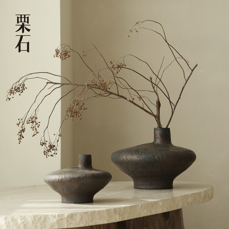 栗石侘寂风复古金属釉陶瓷花器摆件中古私宅玄关古铜色艺术插花瓶