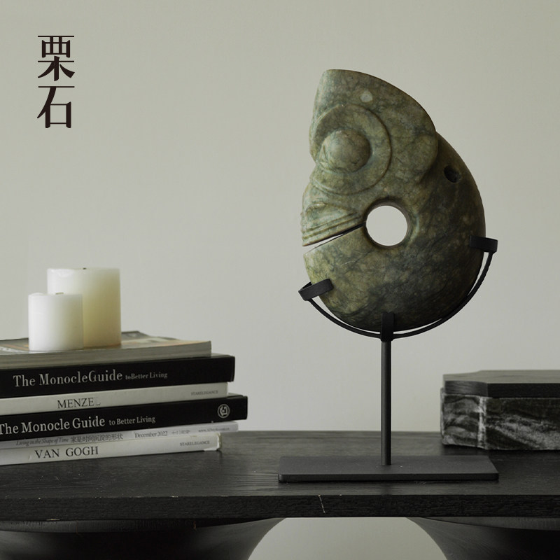 栗石【白玉猪龙】仿古天然玉石手工雕塑玉璧摆件新中式样板房装饰