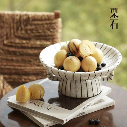 栗石法式中古黑白条纹陶瓷水果盘摆件客厅茶几家用复古创意甜品盘