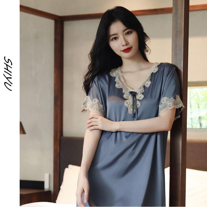 薄款冰丝睡裙女夏款短袖v领仿真丝中长款中年妈妈睡衣裙宽松大码