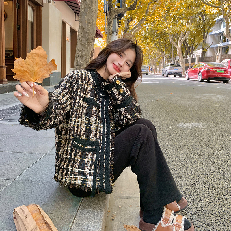 小香风粗花呢千鸟格外套女冬季超火好看羽绒内胆加绒加厚保暖夹克,女装羽绒服,2C005