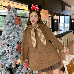卡其色减龄兔耳朵连帽双面呢羊绒大衣女2025冬季新款短款毛呢外套图片