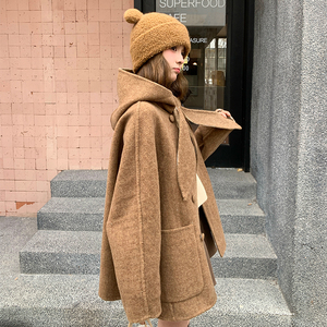 卡其色减龄兔耳朵连帽双面呢羊绒大衣女2025冬季新款短款毛呢外套图片