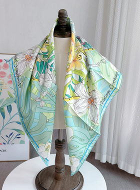 易梦玲同款绿色印花丝巾绿植花卉淡雅配色精致印花90cm方巾披肩
